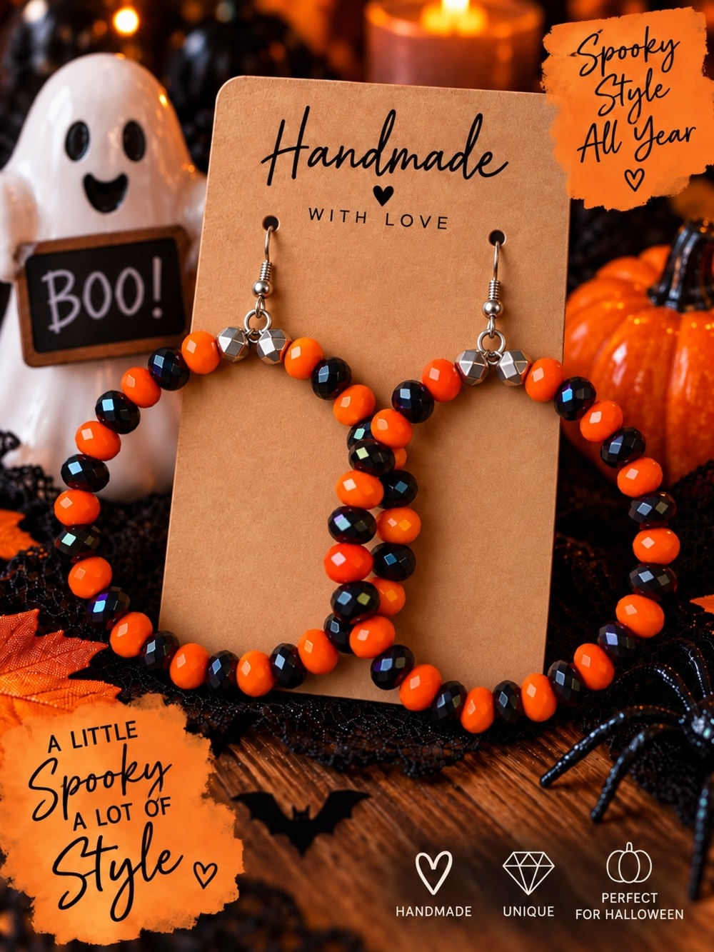 Handmade Orange and Black Beaded Hoop Earrings